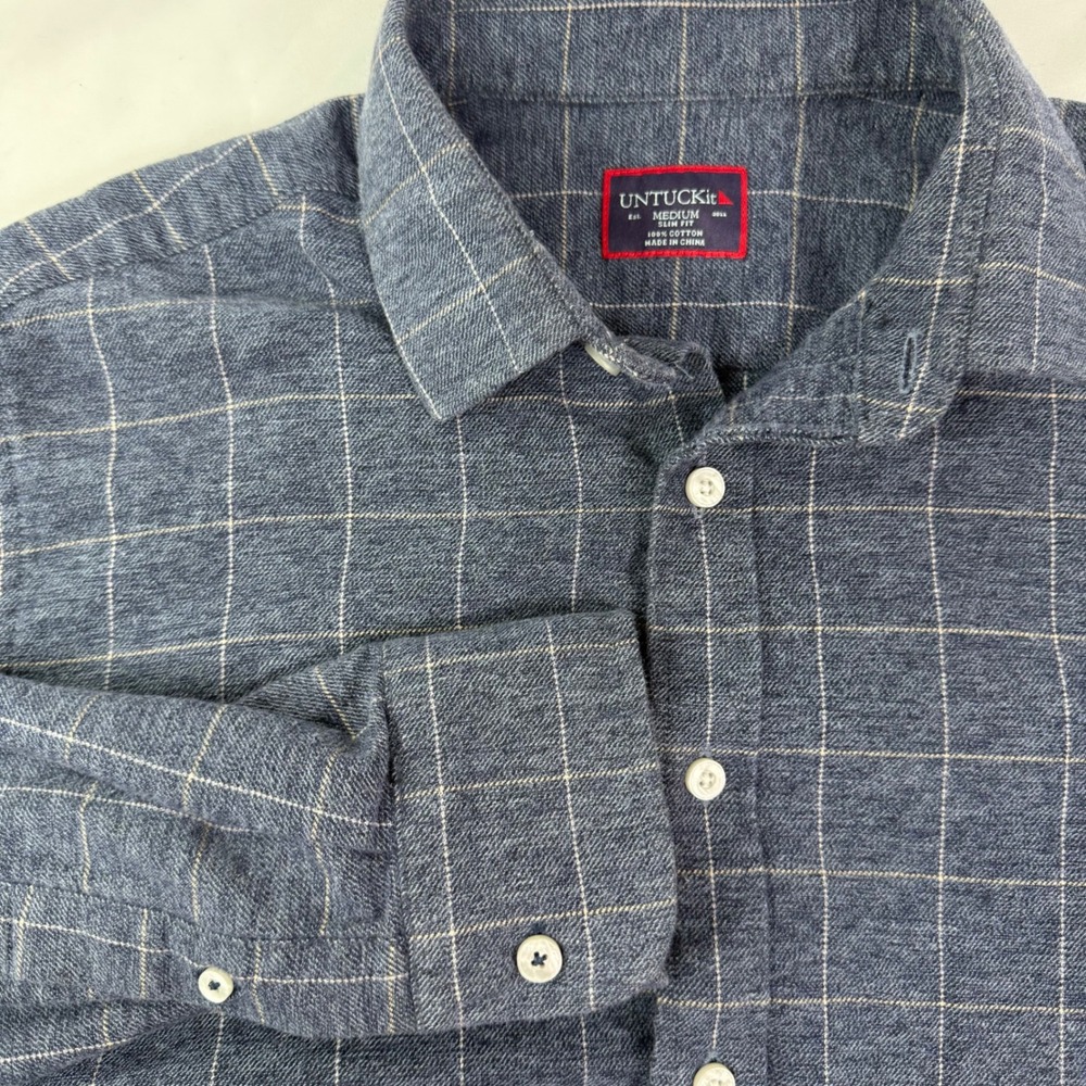 UNTUCKit Mens Slim Fit Blue Windowpane Flannel Button Down Shirt Medium